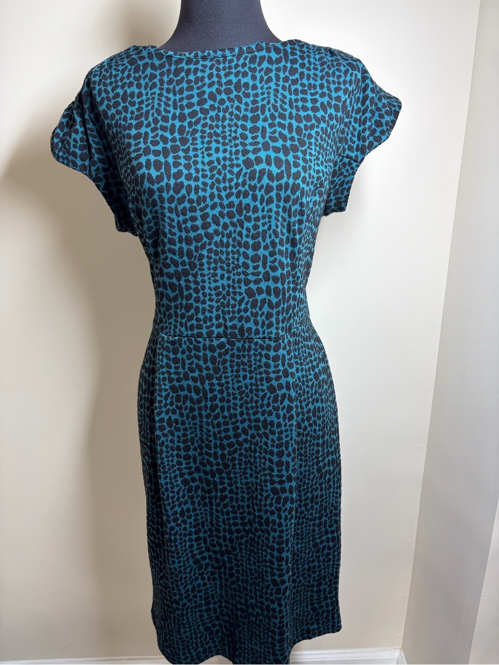 Teal and Black Animal Print Cap-Sleeve Dress